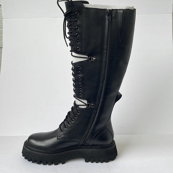 Free People Womens Miller Cut Out Lace Up Knee High Leather combat Boots Black - Picture 6 of 9